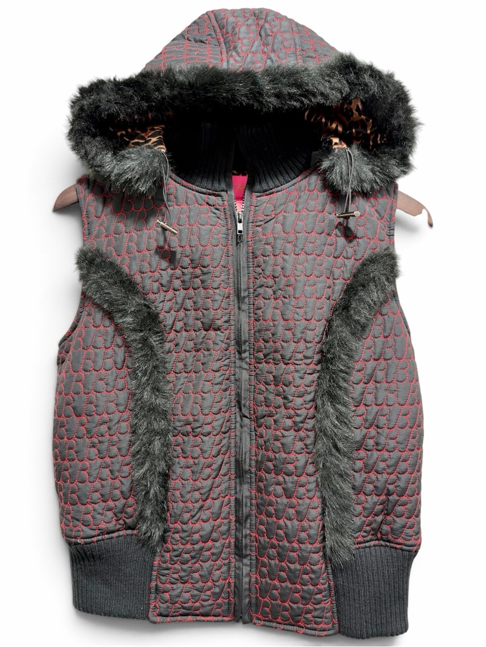 Vintage Betsey Johnson Y2K Black Faux Fur Leopard Hooded Quilted Vest OSFA